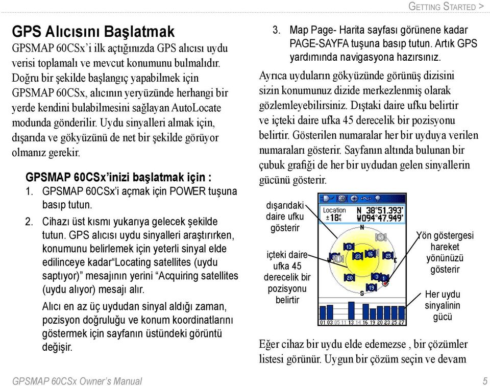 Uydu sinyalleri almak için, dışarıda ve gökyüzünü de net bir şekilde görüyor olmanız gerekir. GPSMAP 60CSx inizi başlatmak için : 1. GPSMAP 60CSx i açmak için POWER tuşuna basıp tutun. 2.