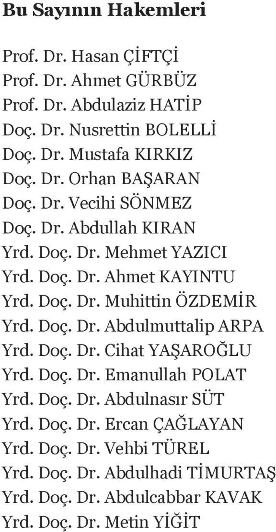 Doç. Dr. Abdulmuttalip ARPA Yrd. Doç. Dr. Cihat YAŞAROĞLU Yrd. Doç. Dr. Emanullah POLAT Yrd. Doç. Dr. Abdulnasır SÜT Yrd. Doç. Dr. Ercan ÇAĞLAYAN Yrd.