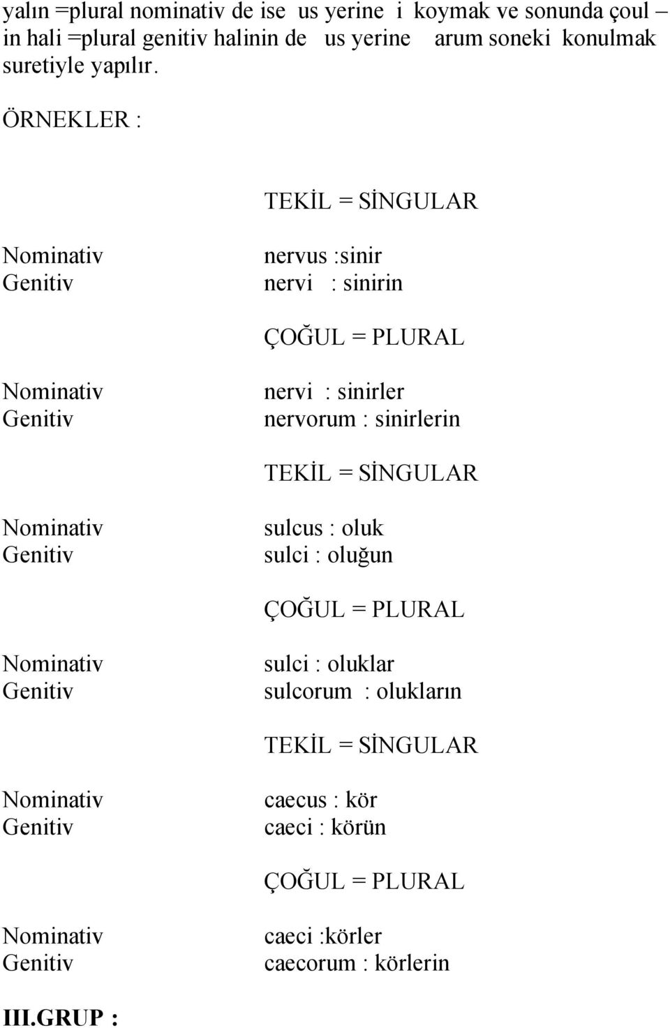 ÖRNEKLER : nervus :sinir nervi : sinirin nervi : sinirler nervorum : sinirlerin sulcus :