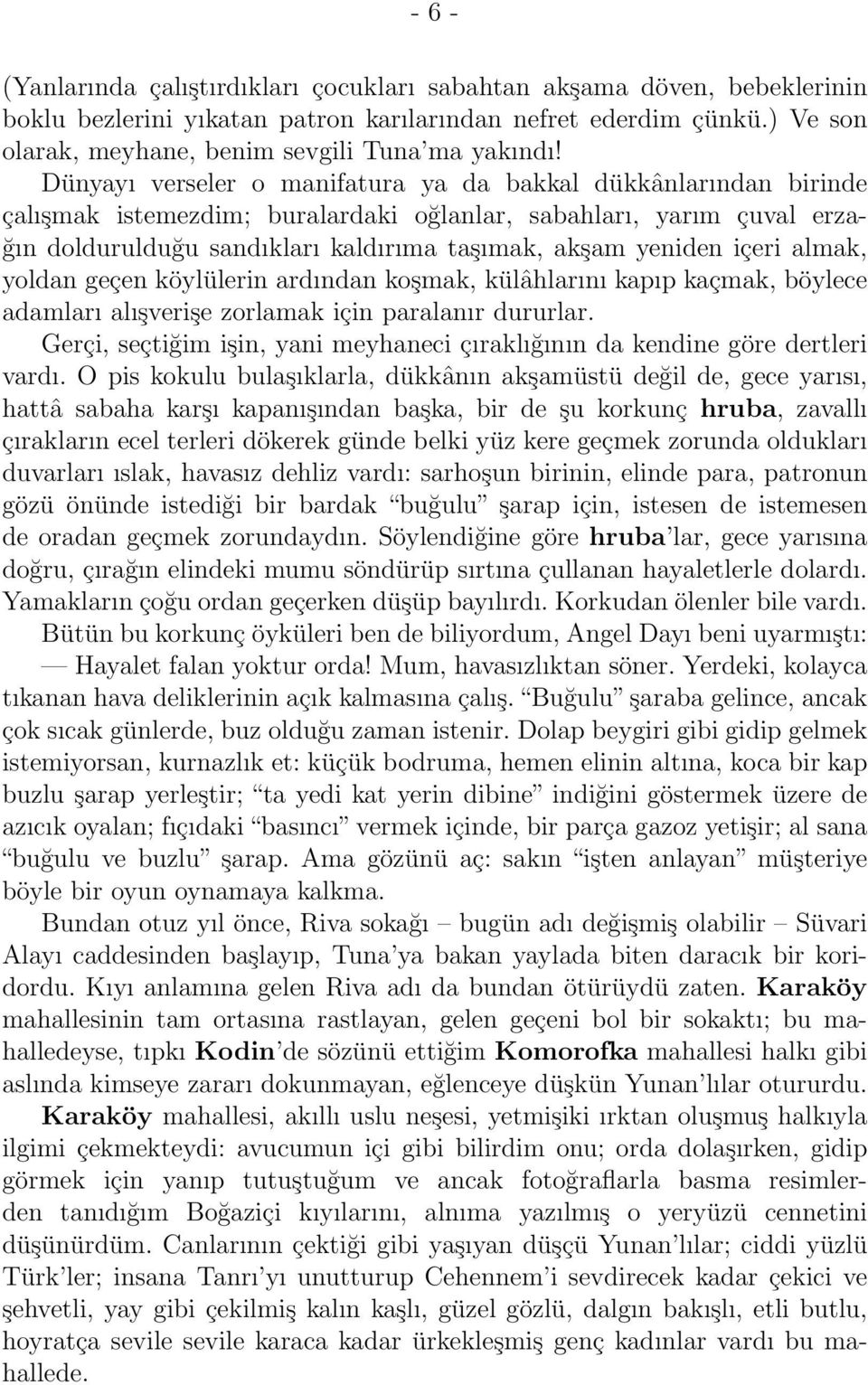 Dünyayı verseler o manifatura ya da bakkal dükkânlarından birinde çalışmak istemezdim; buralardaki oğlanlar, sabahları, yarım çuval erzağın doldurulduğu sandıkları kaldırıma taşımak, akşam yeniden