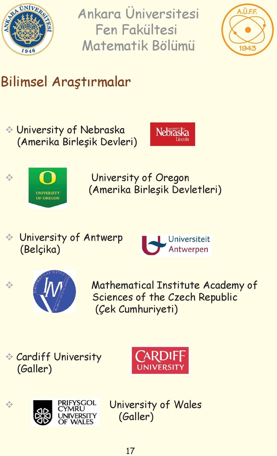 (Belçika) Mathematical Institute Academy of Sciences of the Czech