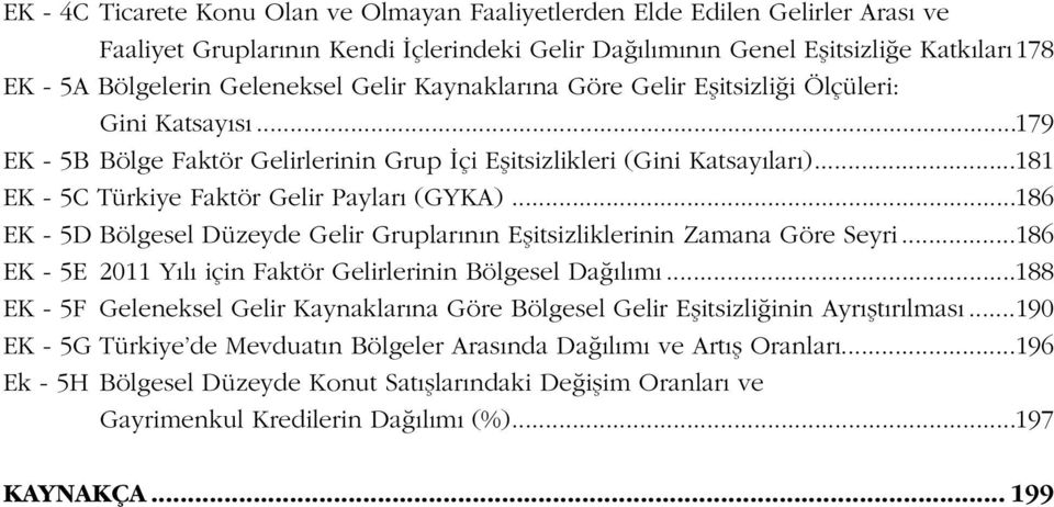 ..181 EK - 5C Türkiye Faktör Gelir Paylarý (GYKA)...186 EK - 5D Bölgesel Düzeyde Gelir Gruplarýnýn Eþitsizliklerinin Zamana Göre Seyri...186 EK - 5E 2011 Yýlý için Faktör Gelirlerinin Bölgesel Daðýlýmý.