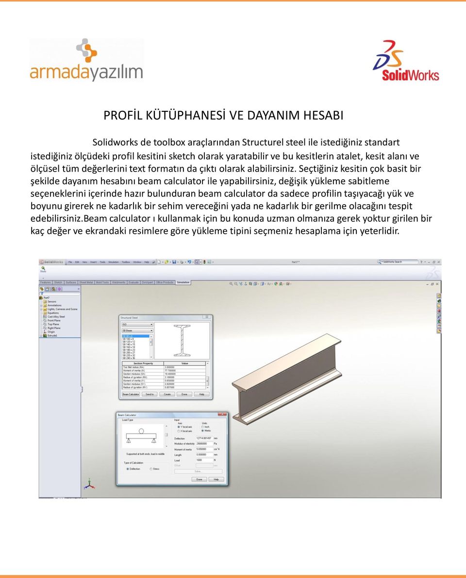 Seçtiğiniz kesitin çok basit bir şekilde dayanım hesabını beam calculator ile yapabilirsiniz, değişik yükleme sabitleme seçeneklerini içerinde hazır bulunduran beam calculator da sadece profilin