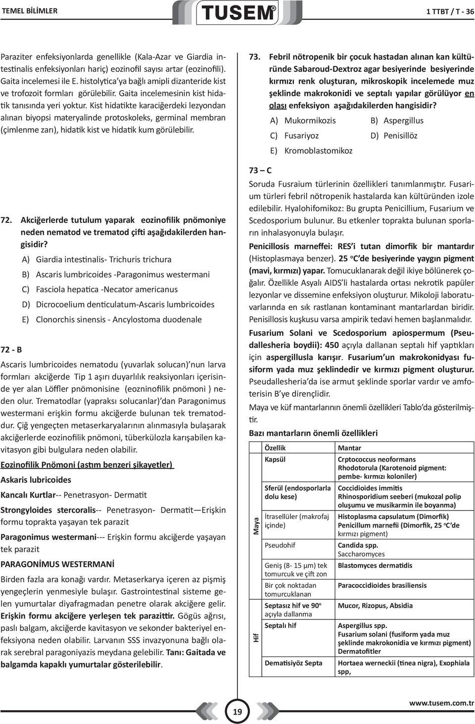 Kist hidatikte karaciğerdeki lezyondan alınan biyopsi materyalinde protoskoleks, germinal membran (çimlenme zarı), hidatik kist ve hidatik kum görülebilir. 72.