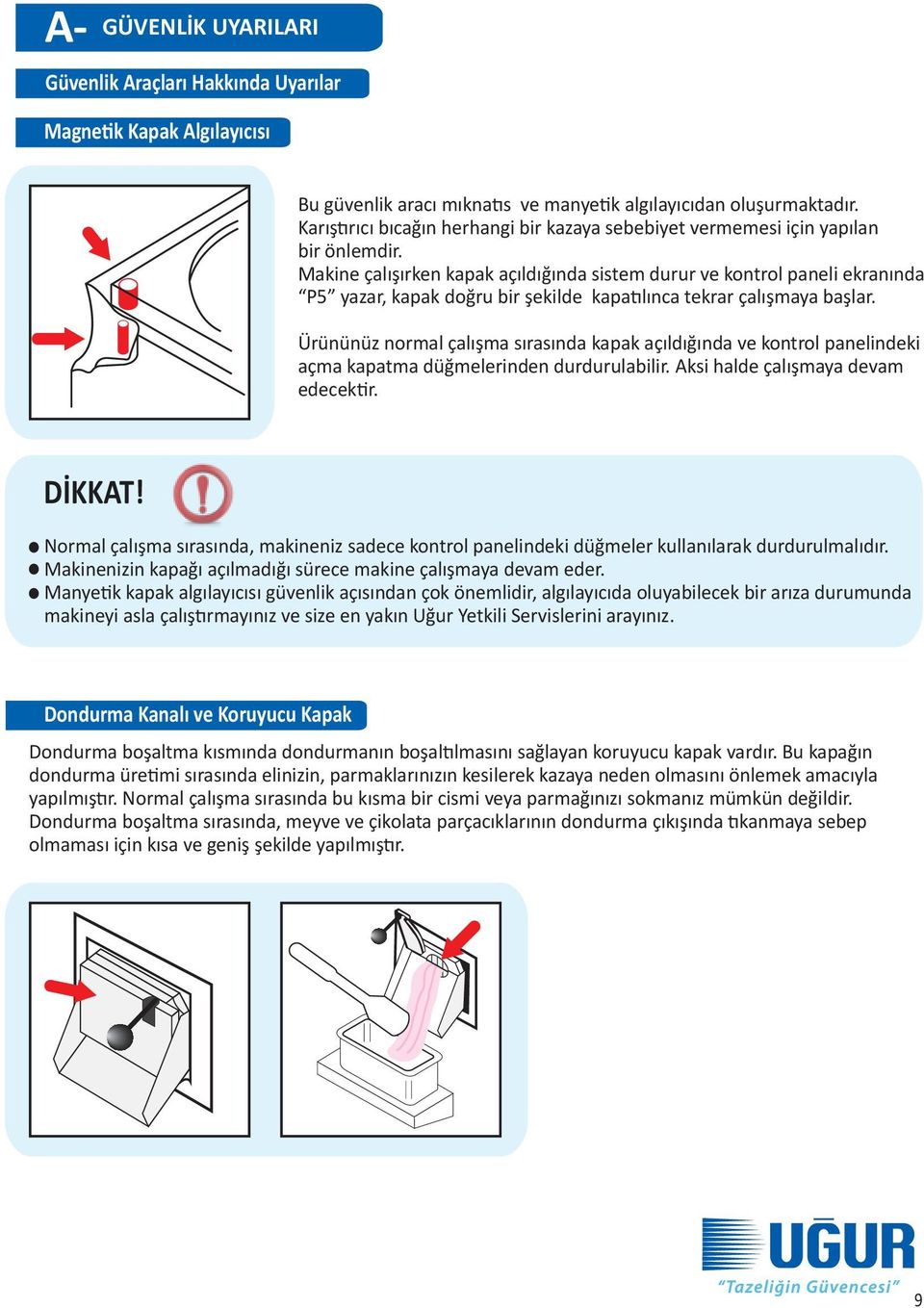 Makine çalışırken kapak açıldığında sistem durur ve kontrol paneli ekranında P5 yazar, kapak doğru bir şekilde kapatılınca tekrar çalışmaya başlar.