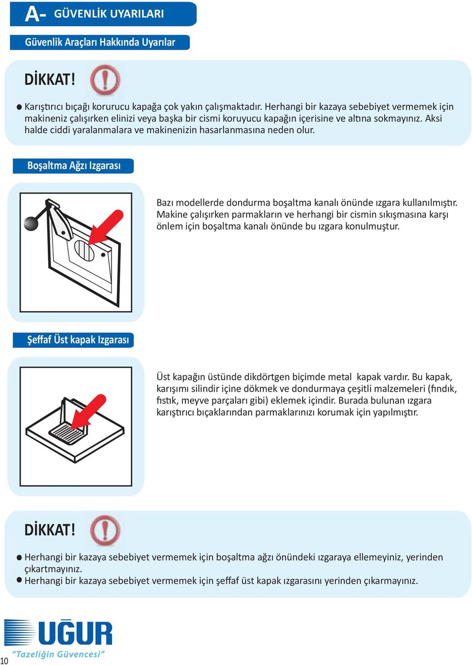 Aksi halde ciddi yaralanmalara ve makinenizin hasarlanmasına neden olur. Boşaltma Ağzı Izgarası Bazı modellerde dondurma boşaltma kanalı önünde ızgara kullanılmıştır.