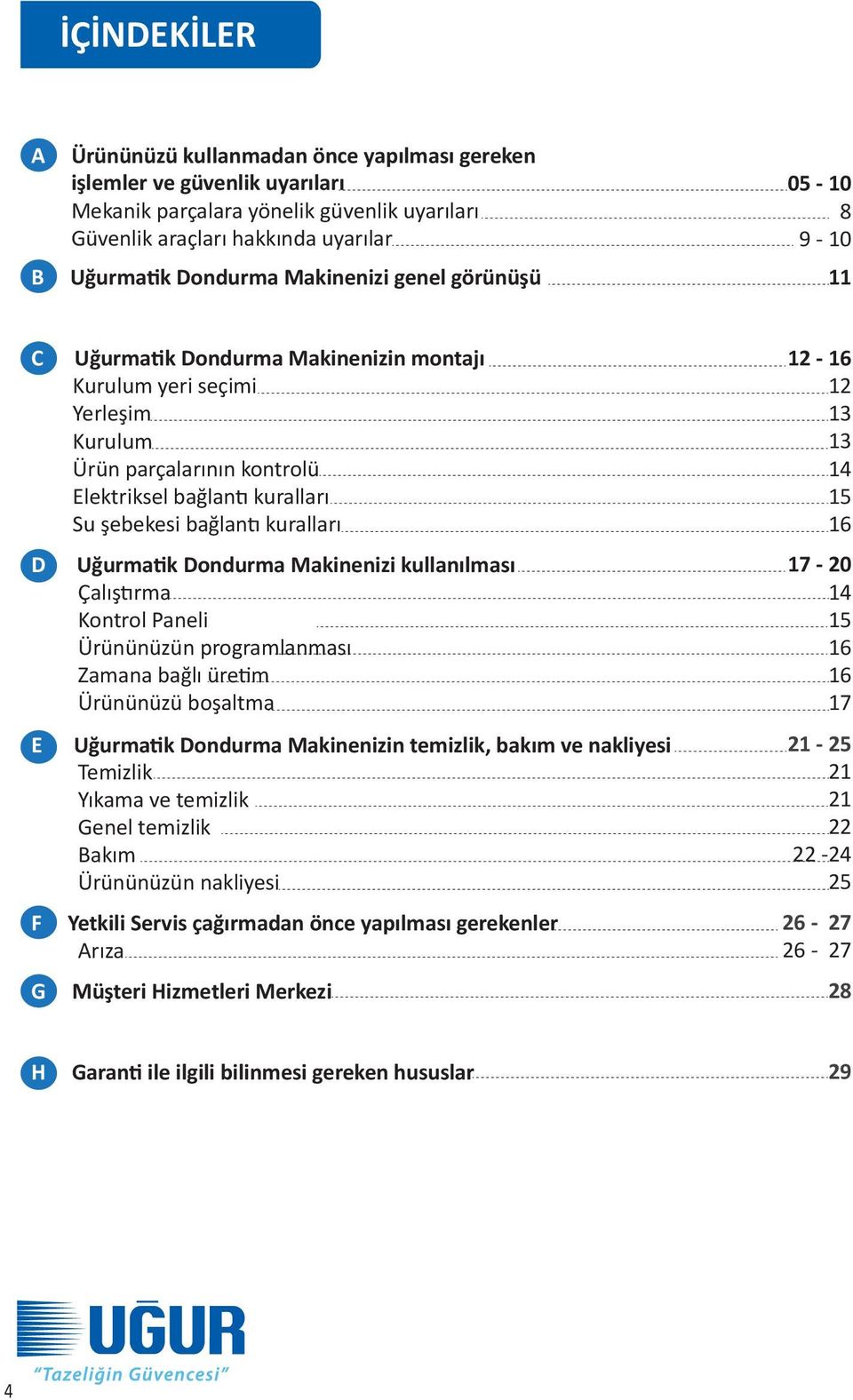 bağlantı kuralları Uğurmatik Dondurma Makinenizi kullanılması Çalıştırma Kontrol Paneli Ürününüzün programlanması Zamana bağlı üretim Ürününüzü boşaltma Uğurmatik Dondurma Makinenizin temizlik, bakım