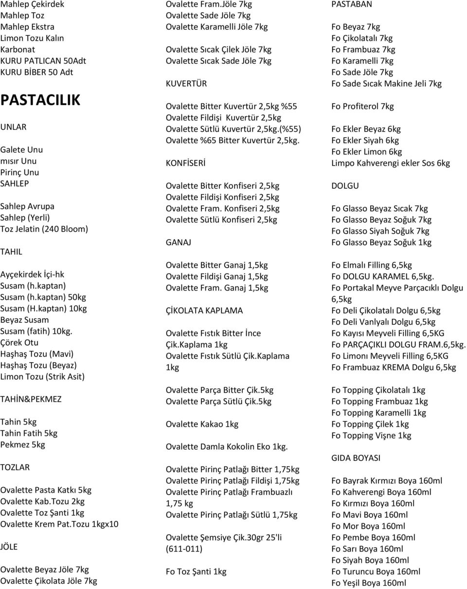Çörek Otu Haşhaş Tozu (Mavi) Haşhaş Tozu (Beyaz) Limon Tozu (Strik Asit) TAHİN&PEKMEZ Tahin 5kg Tahin Fatih 5kg Pekmez 5kg TOZLAR Ovalette Pasta Katkı 5kg Ovalette Kab.