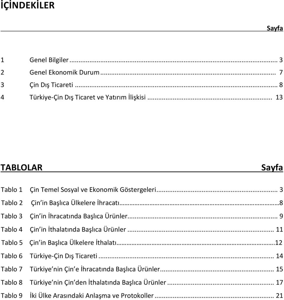 .. 3 Tablo 2 Çin in Başlıca Ülkelere İhracatı 8 Tablo 3 Çin in İhracatında Başlıca Ürünler... 9 Tablo 4 Çin in İthalatında Başlıca Ürünler.