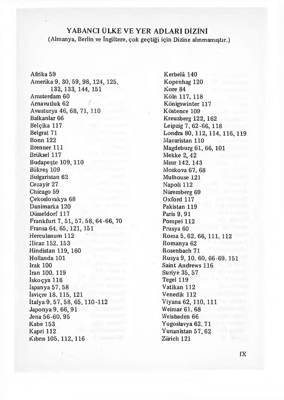 Chicago 59 Çekoslovakya 68 Danimarka 120 Düsseldorf 117 Frankfurt 7, 51, 57. 58, 64-66, 70 Fransa 64. 65, 121, 151 Herculanum 112 Hicaz 152. 153 Hindistan 119, 160 Hollanda 101 Irak 100 İran 100.