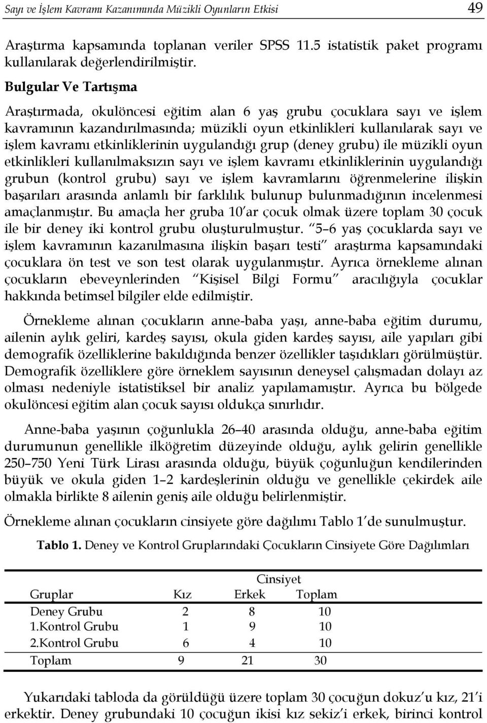 uygulandığı grup (deney grubu) ile müzikli oyun etkinlikleri kullanılmaksızın sayı ve işlem kavramı etkinliklerinin uygulandığı grubun (kontrol grubu) sayı ve işlem kavramlarını öğrenmelerine ilişkin