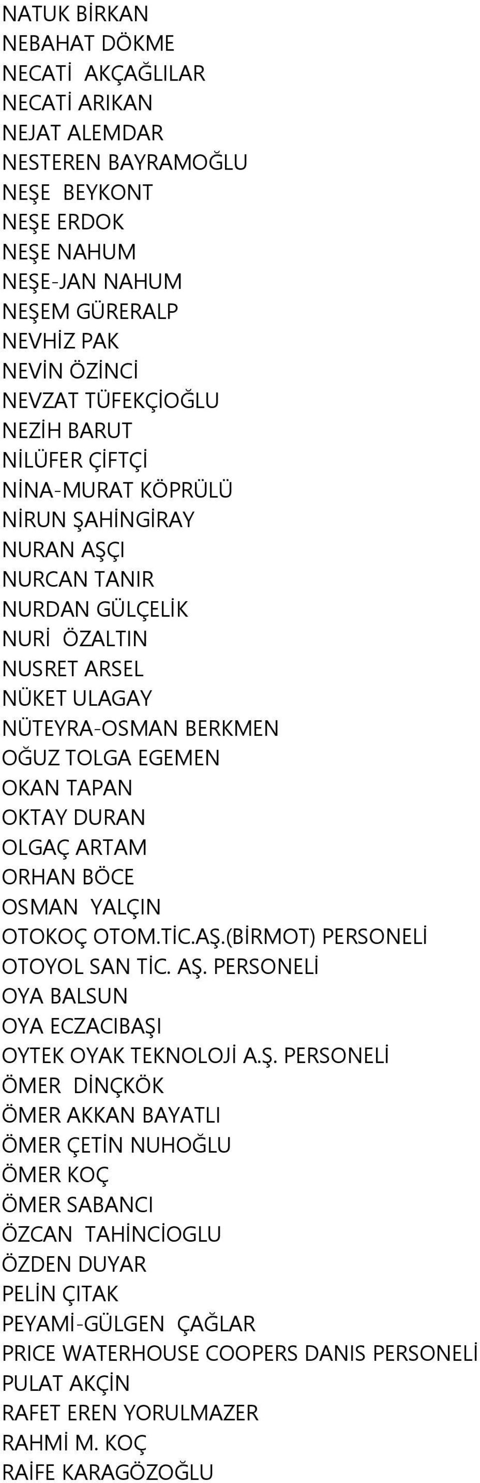 TAPAN OKTAY DURAN OLGAÇ ARTAM ORHAN BÖCE OSMAN YALÇIN OTOKOÇ OTOM.TİC.AŞ.