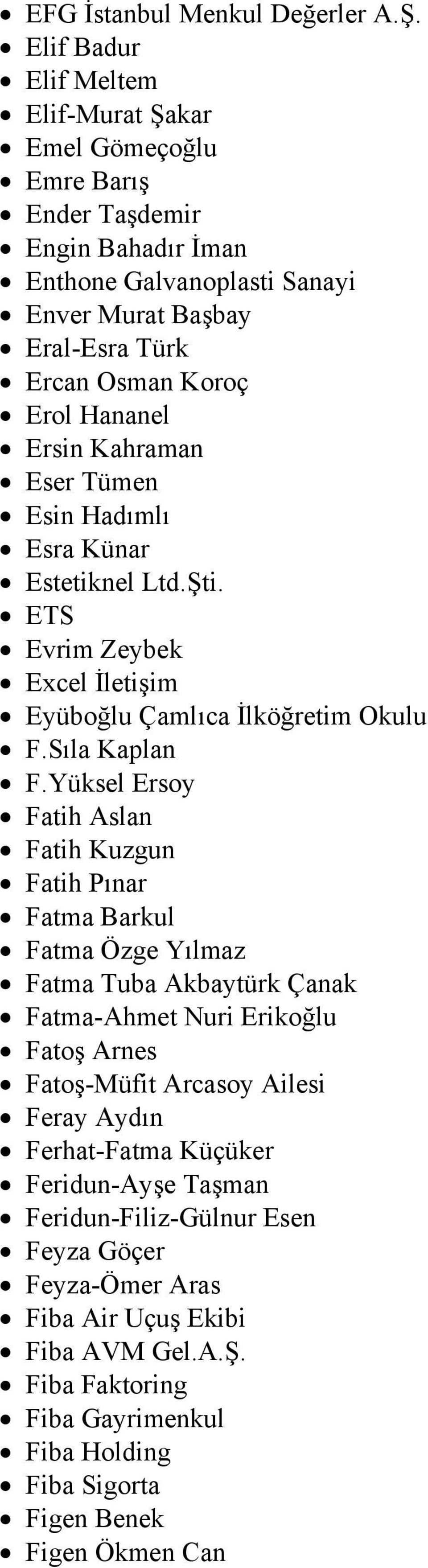 Ersin Kahraman Eser Tümen Esin Hadımlı Esra Künar Estetiknel Ltd.Şti. ETS Evrim Zeybek Excel İletişim Eyüboğlu Çamlıca İlköğretim Okulu F.Sıla Kaplan F.