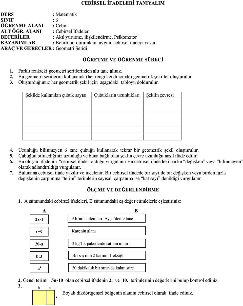 Farklı renkteki geometri şeritlerinden altı tane alınız. 2. Bu geometri şeritlerini kullanarak (her rengi kendi içinde) geometrik şekiller oluşturulur. 3.