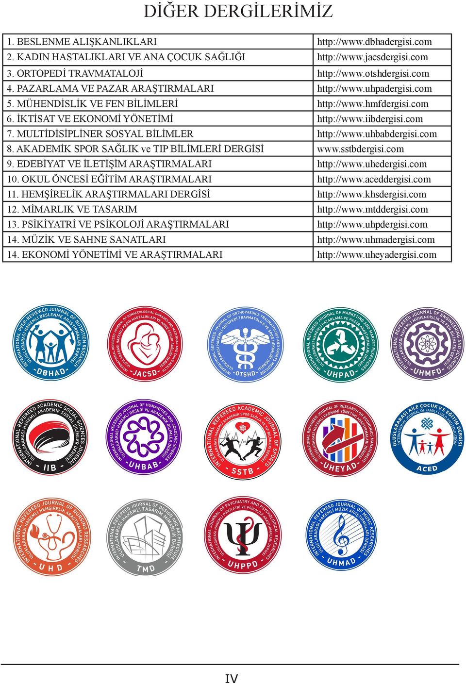 EDEBİYAT VE İLETİŞİM ARAŞTIRMALARI 10. OKUL ÖNCESİ EĞİTİM ARAŞTIRMALARI 11. HEMŞİRELİK ARAŞTIRMALARI DERGİSİ 12. MİMARLIK VE TASARIM 13. PSİKİYATRİ VE PSİKOLOJİ ARAŞTIRMALARI 14.