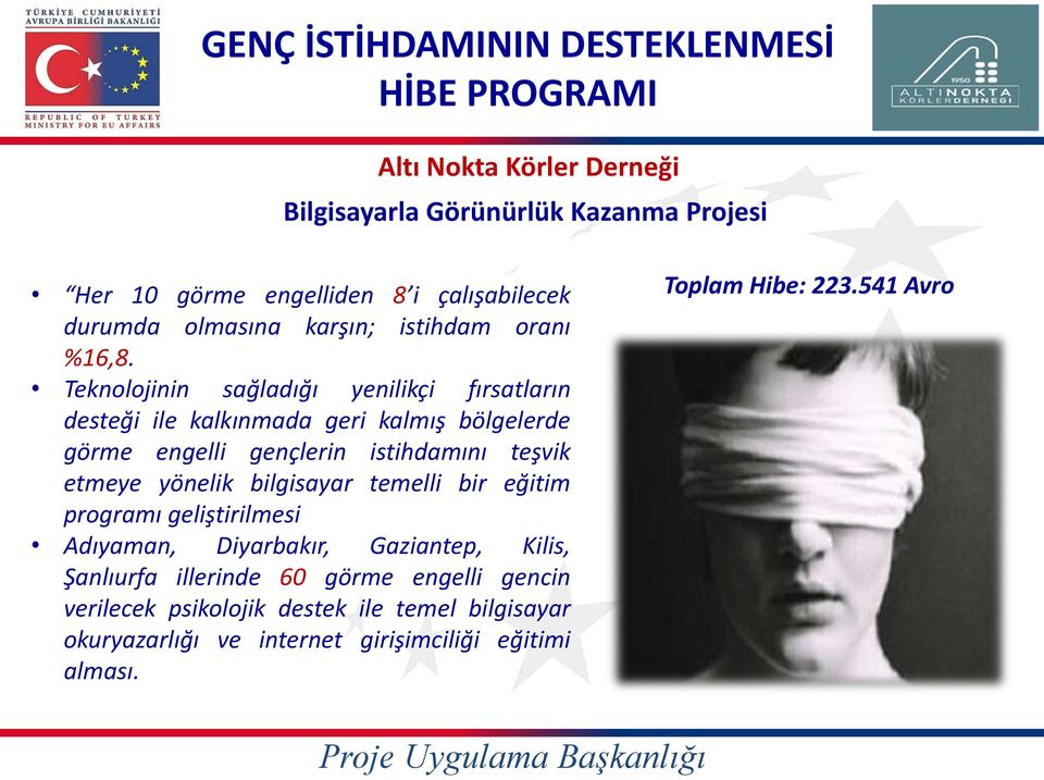 Teknolojinin sağladığı yenilikçi fırsatların desteği ile kalkınmada geri kalmış bölgelerde görme engelli gençlerin istihdamını teşvik etmeye yönelik