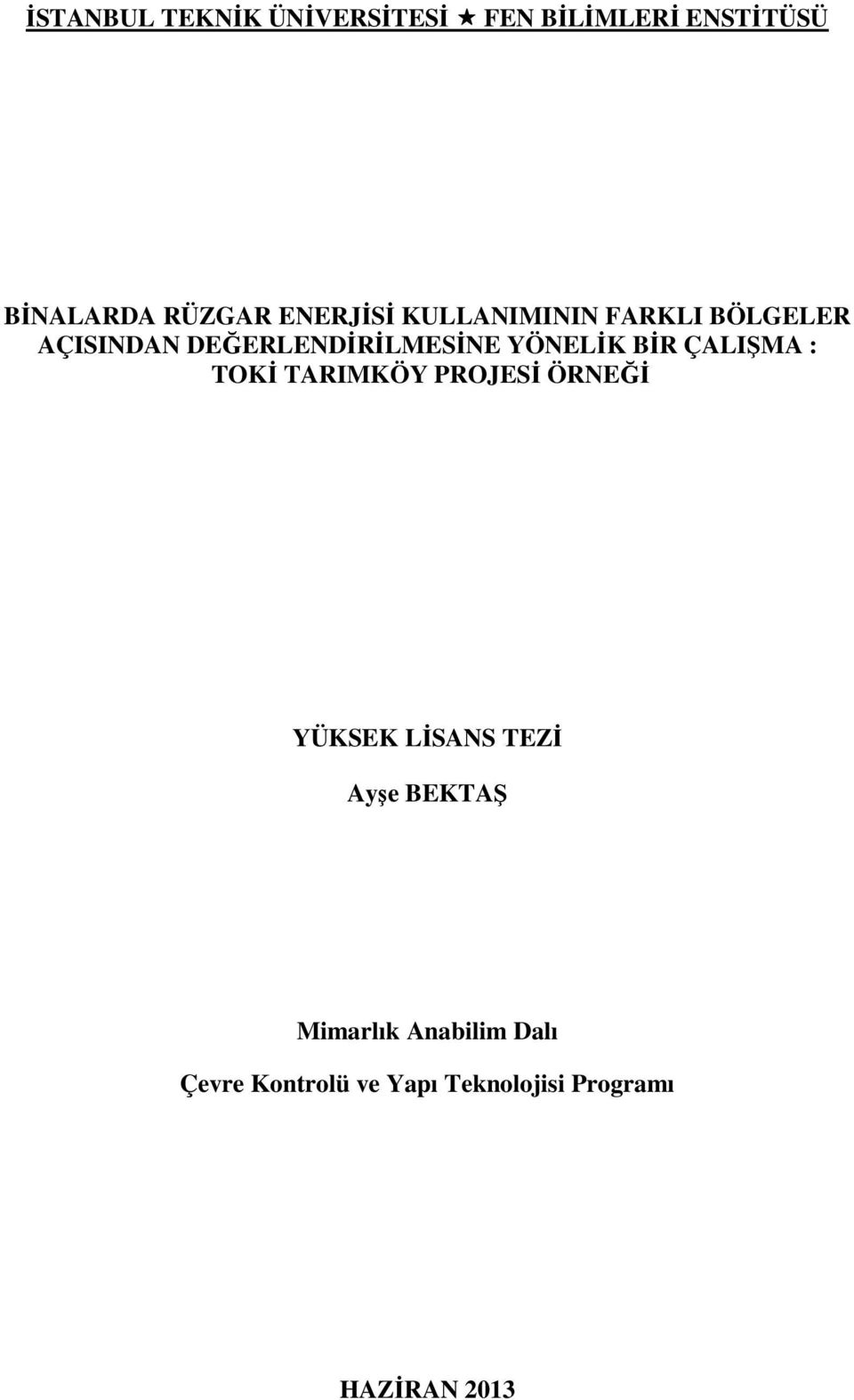 YÖNELİK BİR ÇALIŞMA : TOKİ TARIMKÖY PROJESİ ÖRNEĞİ YÜKSEK LİSANS TEZİ Ayşe