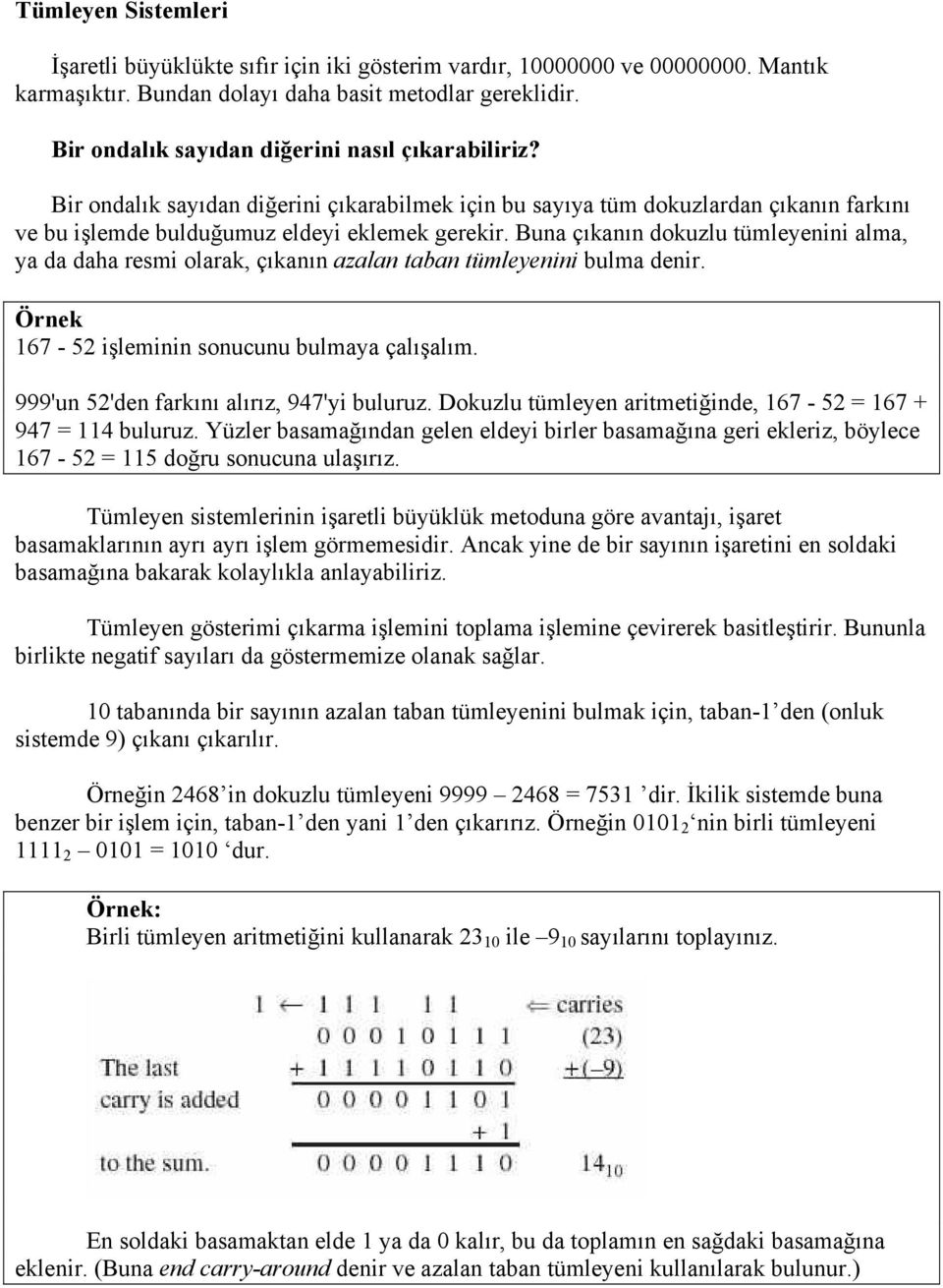 Buna çıkanın dokuzlu tümleyenini alma, ya da daha resmi olarak, çıkanın azalan taban tümleyenini bulma denir. Örnek 167-52 işleminin sonucunu bulmaya çalışalım.