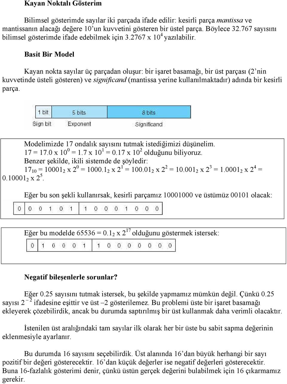 Basit Bir Model Kayan nokta sayılar üç parçadan oluşur: bir işaret basamağı, bir üst parçası (2 nin kuvvetinde üsteli gösteren) ve significand (mantissa yerine kullanılmaktadır) adında bir kesirli