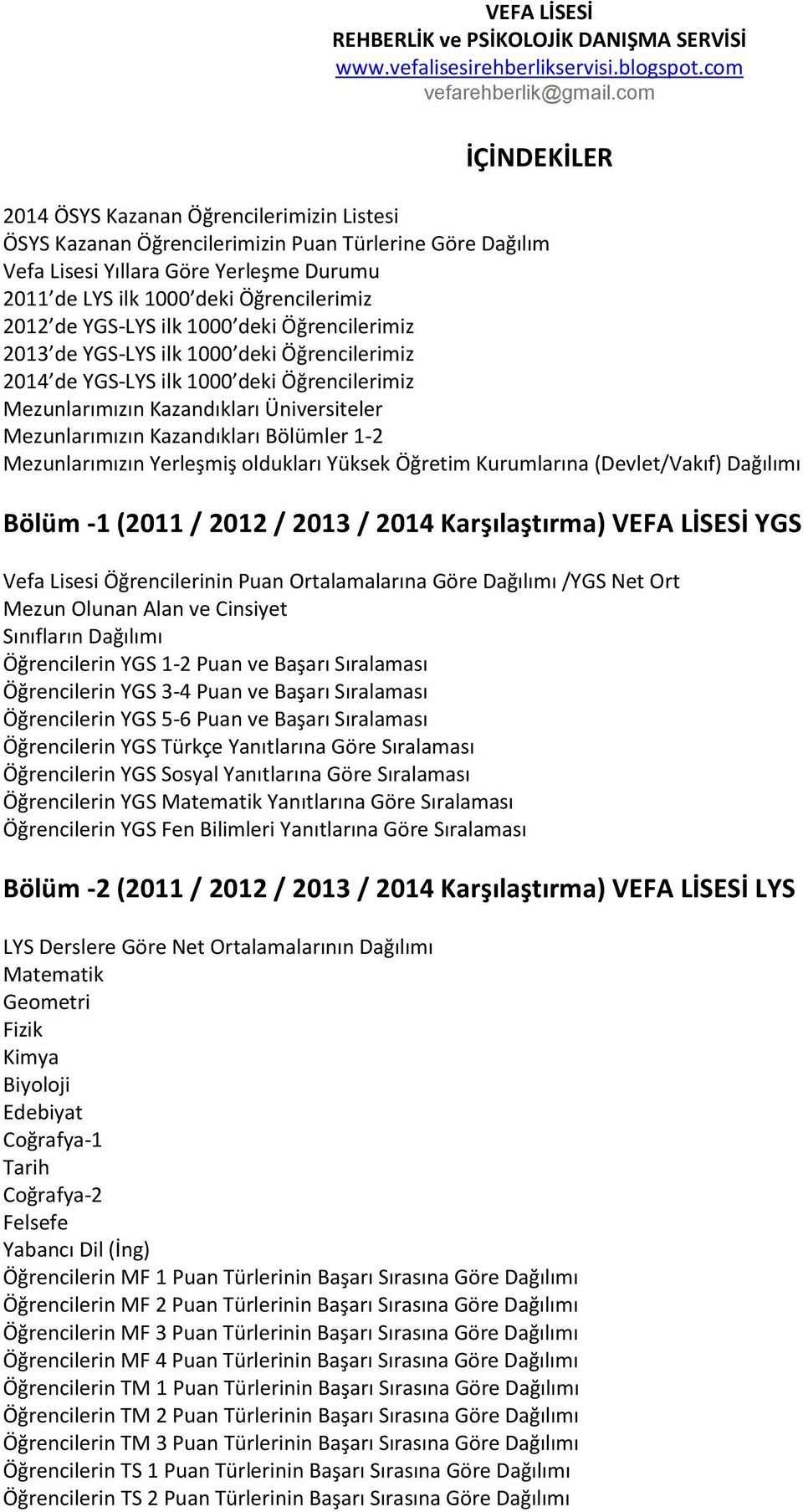 Mezunlarımızın Yerleşmiş oldukları Yüksek Öğretim Kurumlarına (Devlet/Vakıf) Dağılımı Bölüm -1 (211 / 212 / 213 / 214 Karşılaştırma) VEFA LİSESİ YGS Vefa Lisesi Öğrencilerinin Puan Ortalamalarına