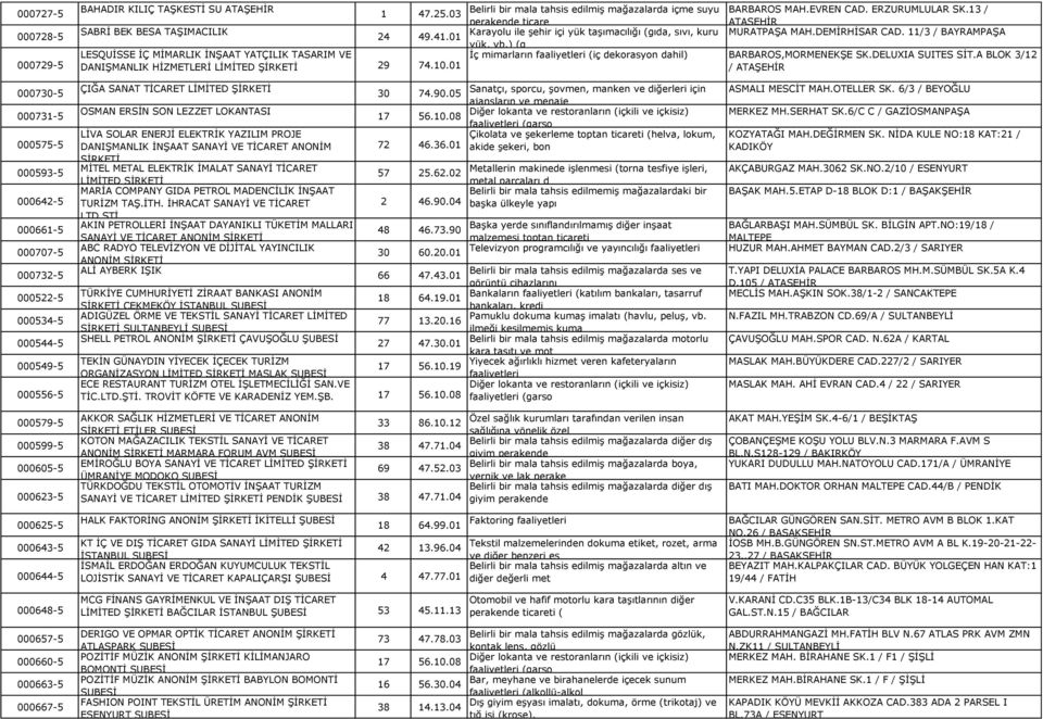 13 / perakende ticare ATAŞEHİR Karayolu ile şehir içi yük taşımacılığı (gıda, sıvı, kuru MURATPAŞA MAH.DEMİRHİSAR CAD. 11/3 / BAYRAMPAŞA yük, vb.