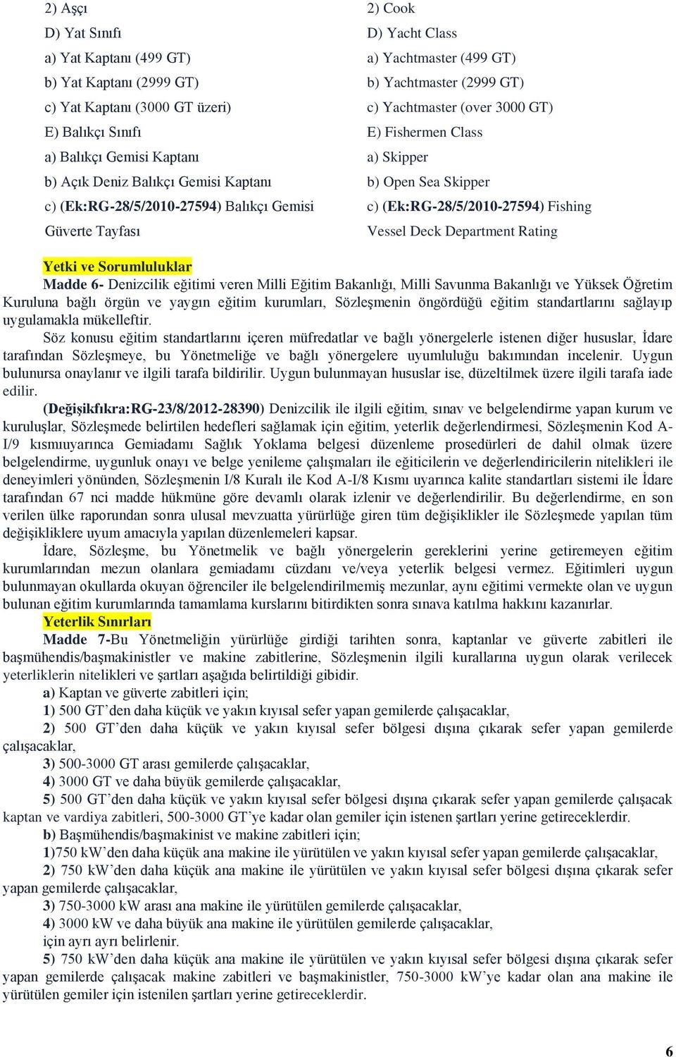 Skipper c) (Ek:RG-28/5/2010-27594) Fishing Vessel Deck Department Rating Yetki ve Sorumluluklar Madde 6- Denizcilik eğitimi veren Milli Eğitim Bakanlığı, Milli Savunma Bakanlığı ve Yüksek Öğretim