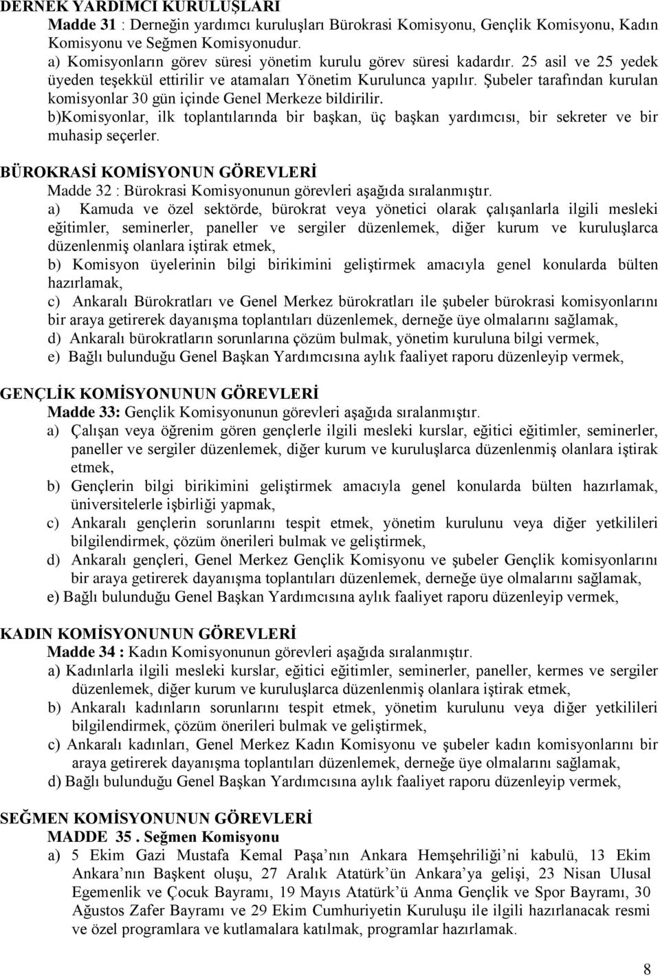 Şubeler tarafından kurulan komisyonlar 30 gün içinde Genel Merkeze bildirilir. b)komisyonlar, ilk toplantılarında bir başkan, üç başkan yardımcısı, bir sekreter ve bir muhasip seçerler.