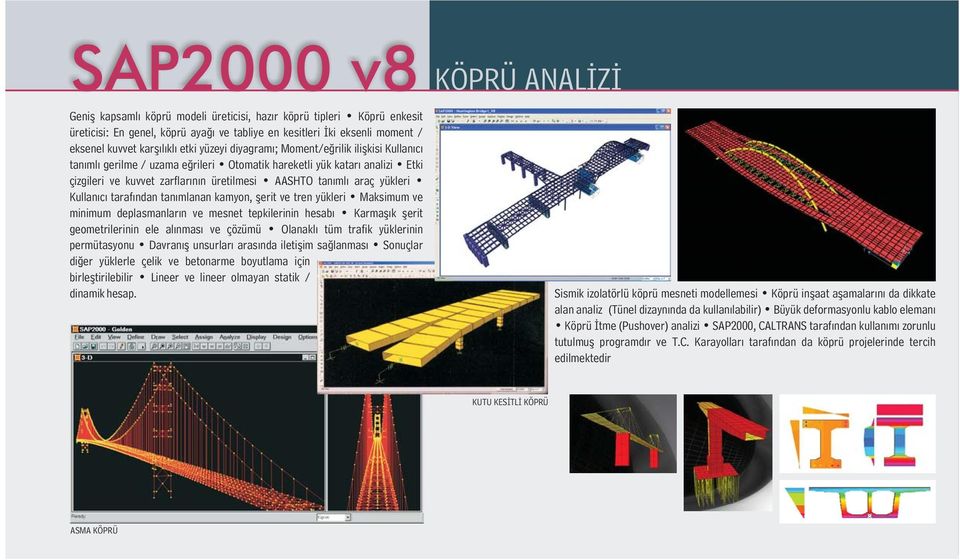 tarafýndan tanýmlanan kamyon, þerit ve tren yükleri Maksimum ve minimum deplasmanlarýn ve mesnet tepkilerinin hesabý Karmaþýk þerit geometrilerinin ele alýnmasý ve çözümü Olanaklý tüm trafik