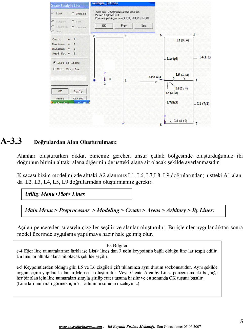 Utility Menu>Plot> Lines Main Menu > Preprocessor > Modeling > Create > Areas > Arbitary > By Lines: Açılan pencereden sırasıyla çizgiler seçilir ve alanlar oluşturulur.