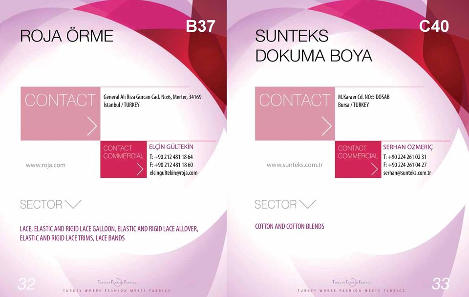 com T: +90 212 481 18 64 F: +90 212 481 18 60 elcingultekin@roja.com www.sunteks.com.tr T: +90 224 261 02 31 F: +90 224 261 04 27 serhan@sunteks.