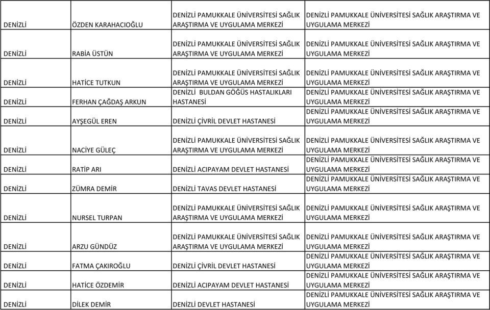 DENİZLİ BULDAN GÖĞÜS HASTALIKLARI DENİZLİ AYŞEGÜL EREN DENİZLİ ÇİVRİL DEVLET DENİZLİ NACİYE GÜLEÇ DENİZLİ PAMUKKALE ÜNİVERSİTESİ SAĞLIK ARAŞTIRMA VE UYGULAMA DENİZLİ RATİP ARI DENİZLİ ACIPAYAM DEVLET