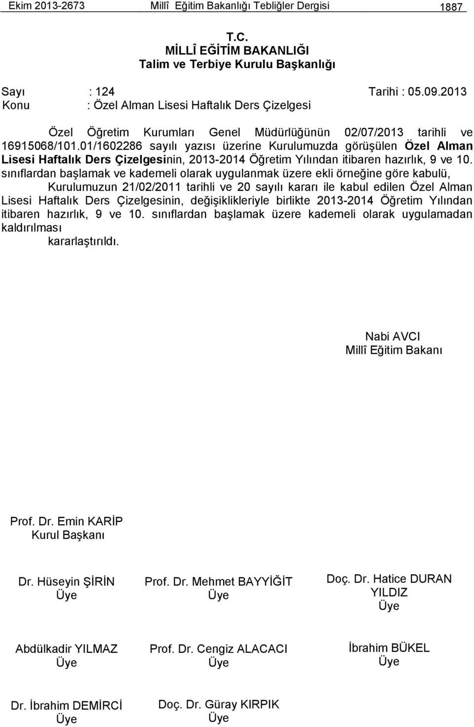 01/1602286 sayılı yazısı üzerine Kurulumuzda görüşülen Özel Alman Lisesi Haftalık Ders Çizelgesinin, 2013-2014 Öğretim Yılından itibaren hazırlık, 9 ve 10.