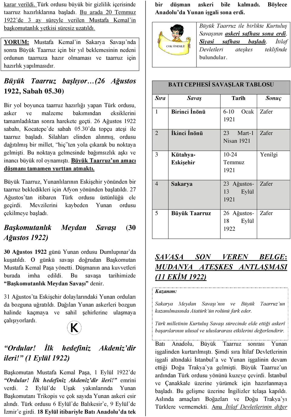 Büyük Taarruz baģlıyor (26 Ağustos 1922, Sabah 05.30) Bir yol boyunca taarruz hazırlığı yapan Türk ordusu, asker ve malzeme bakımından eksiklerini tamamladıktan sonra harekete geçti.