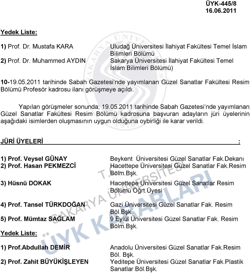 Güzel Sanatlar Fakültesi Resim Bölümü kadrosuna başvuran adayların jüri üyelerinin aşağıdaki isimlerden oluşmasının uygun olduğuna oybirliği ile karar verildi. 1) Prof.