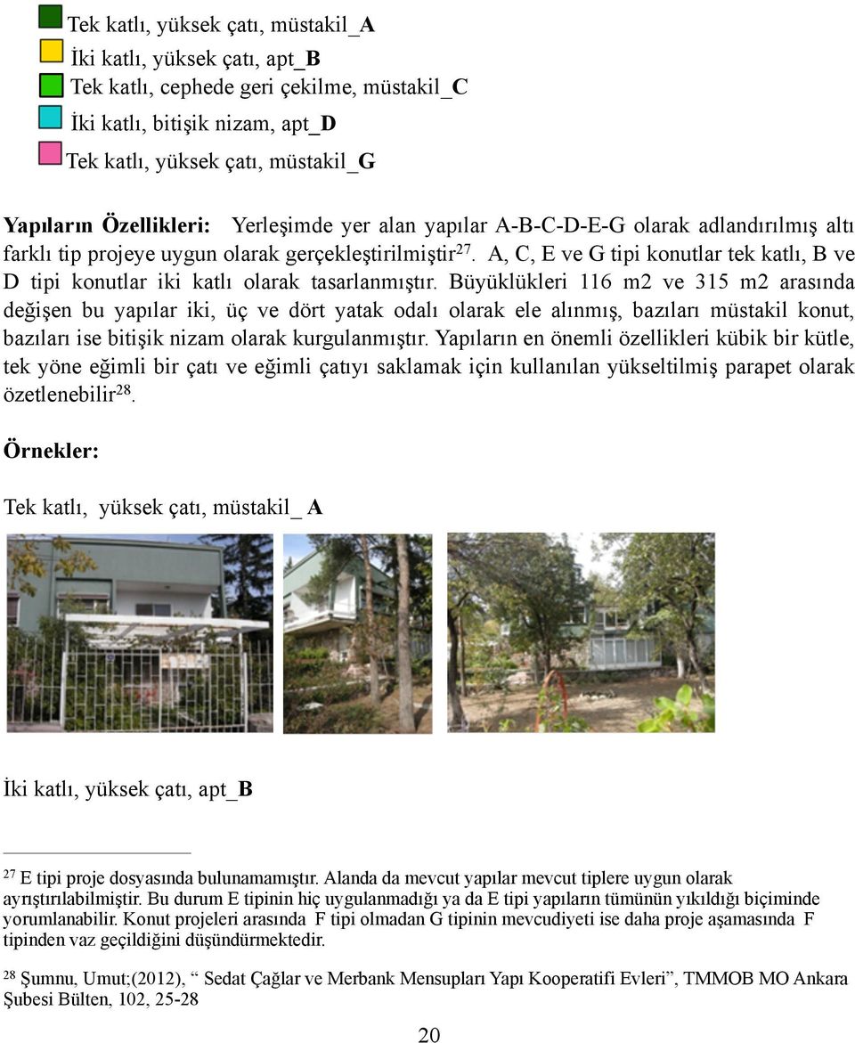 A, C, E ve G tipi konutlar tek katlı, B ve D tipi konutlar iki katlı olarak tasarlanmıştır.