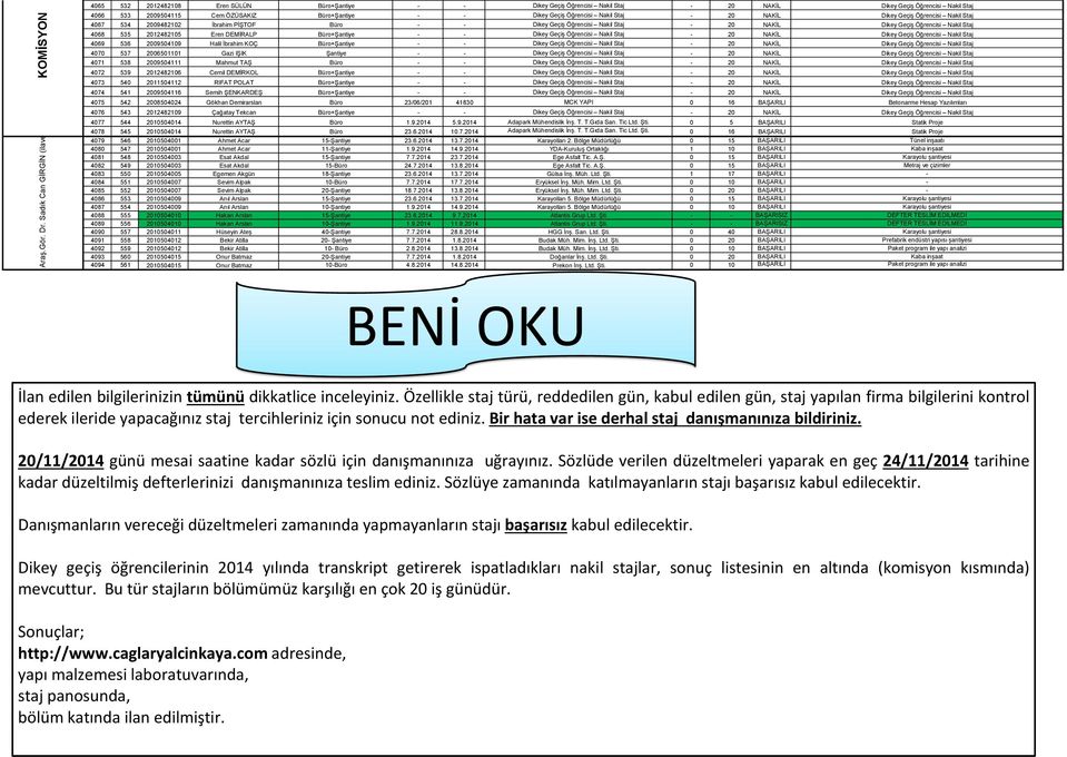 Büro+Şantiye - - Dikey Geçiş Öğrencisi Nakil Staj - 20 NAKİL Dikey Geçiş Öğrencisi Nakil Staj 4067 534 2009482102 İbrahim PİŞTOF Büro - - Dikey Geçiş Öğrencisi Nakil Staj - 20 NAKİL Dikey Geçiş