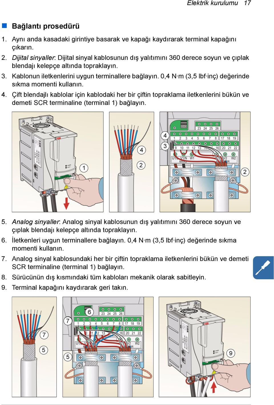 0,4 N m (3,5 lbf inç) değerinde sıkma momenti kullanın. 4. Çift blendajlı kablolar için kablodaki her bir çiftin topraklama iletkenlerini bükün ve demeti SCR terminaline (terminal 1) bağlayın.