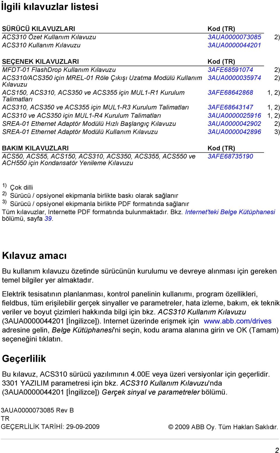 ACS310, ACS350 ve ACS355 için MUL1-R3 Kurulum Talimatları 3AFE68643147 1, 2) ACS310 ve ACS350 için MUL1-R4 Kurulum Talimatları 3AUA0000025916 1, 2) SREA-01 Ethernet Adaptör Modülü Hızlı Başlangıç