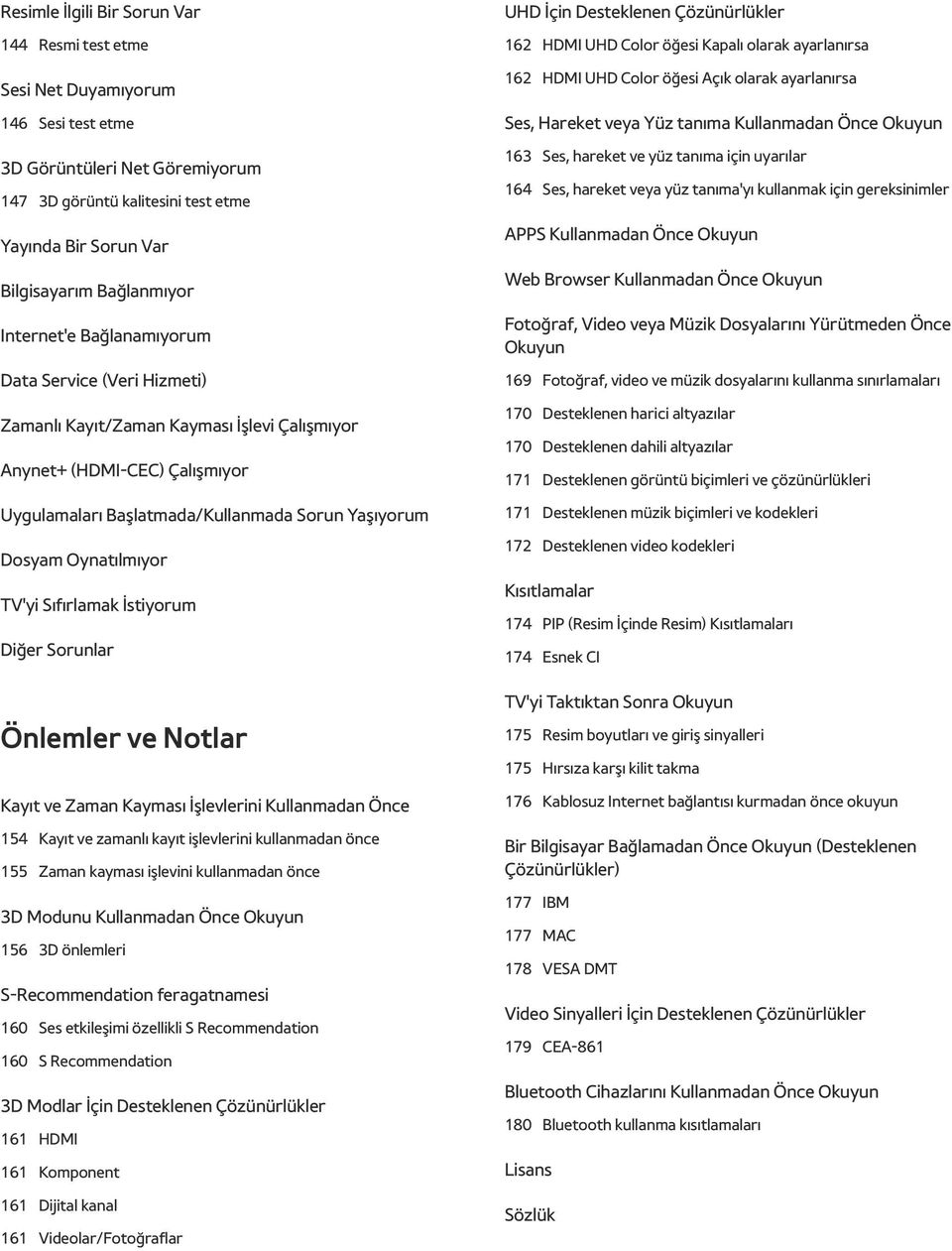 Oynatılmıyor TV'yi Sıfırlamak İstiyorum Diğer Sorunlar Önlemler ve Notlar Kayıt ve Zaman Kayması İşlevlerini Kullanmadan Önce 154 Kayıt ve zamanlı kayıt işlevlerini kullanmadan önce 155 Zaman kayması