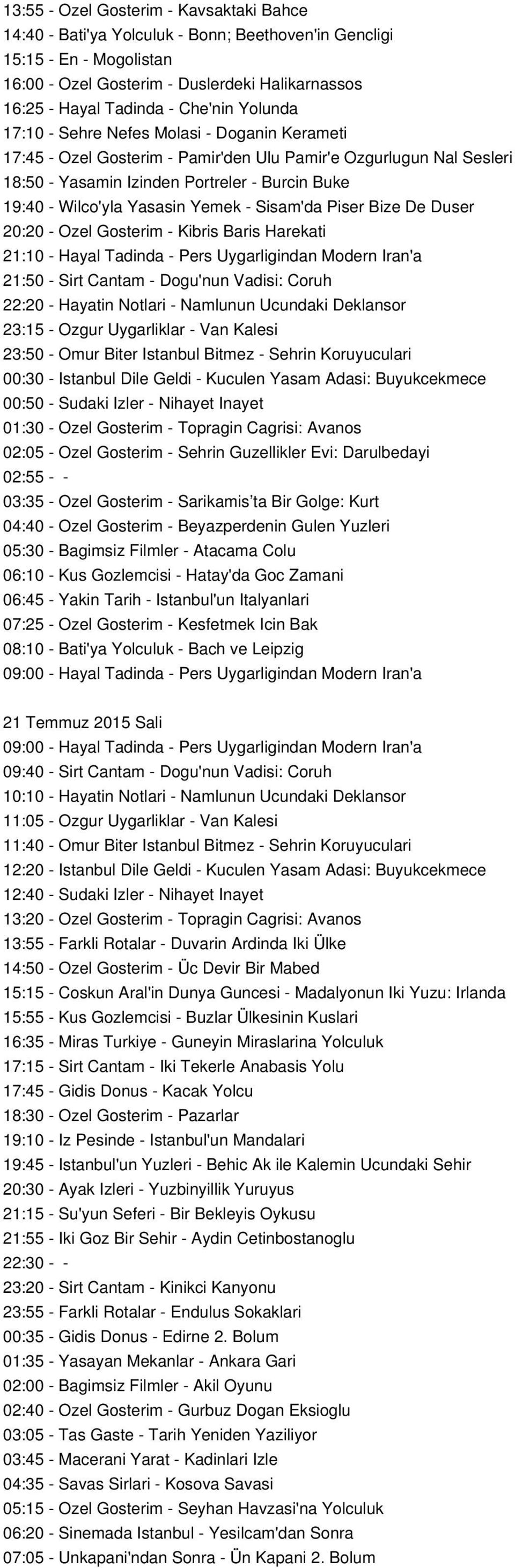 Yasasin Yemek - Sisam'da Piser Bize De Duser 20:20 - Ozel Gosterim - Kibris Baris Harekati 21:10 - Hayal Tadinda - Pers Uygarligindan Modern Iran'a 21:50 - Sirt Cantam - Dogu'nun Vadisi: Coruh 22:20