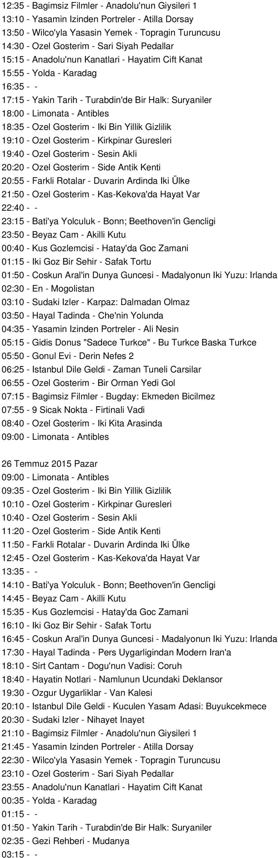 Yillik Gizlilik 19:10 - Ozel Gosterim - Kirkpinar Guresleri 19:40 - Ozel Gosterim - Sesin Akli 20:20 - Ozel Gosterim - Side Antik Kenti 20:55 - Farkli Rotalar - Duvarin Ardinda Iki Ülke 21:50 - Ozel