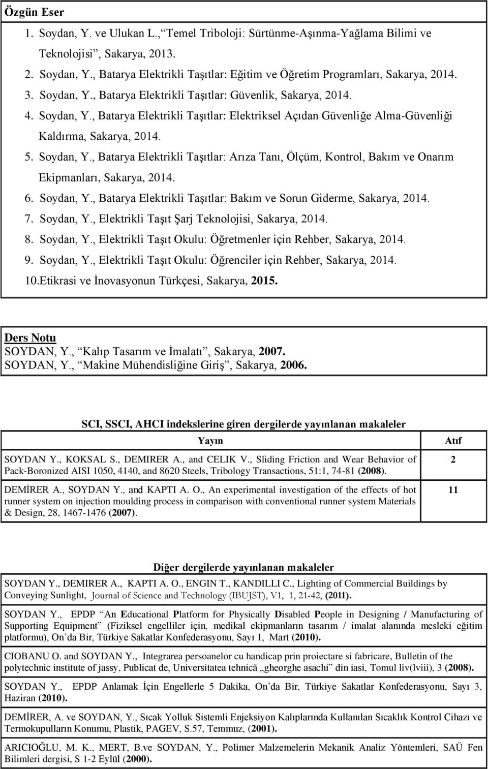 6. Soydan, Y., Batarya Elektrikli Taşıtlar: Bakım ve Sorun Giderme, Sakarya, 2014. 7. Soydan, Y., Elektrikli Taşıt Şarj Teknolojisi, Sakarya, 2014. 8. Soydan, Y., Elektrikli Taşıt Okulu: Öğretmenler için Rehber, Sakarya, 2014.