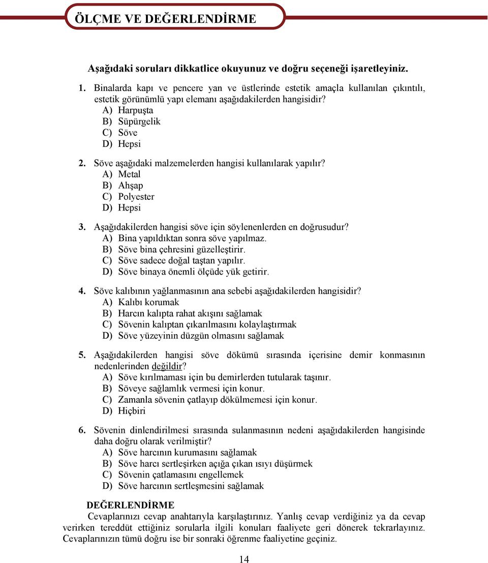 Söve aşağıdaki malzemelerden hangisi kullanılarak yapılır? A) Metal B) Ahşap C) Polyester D) Hepsi 3. Aşağıdakilerden hangisi söve için söylenenlerden en doğrusudur?