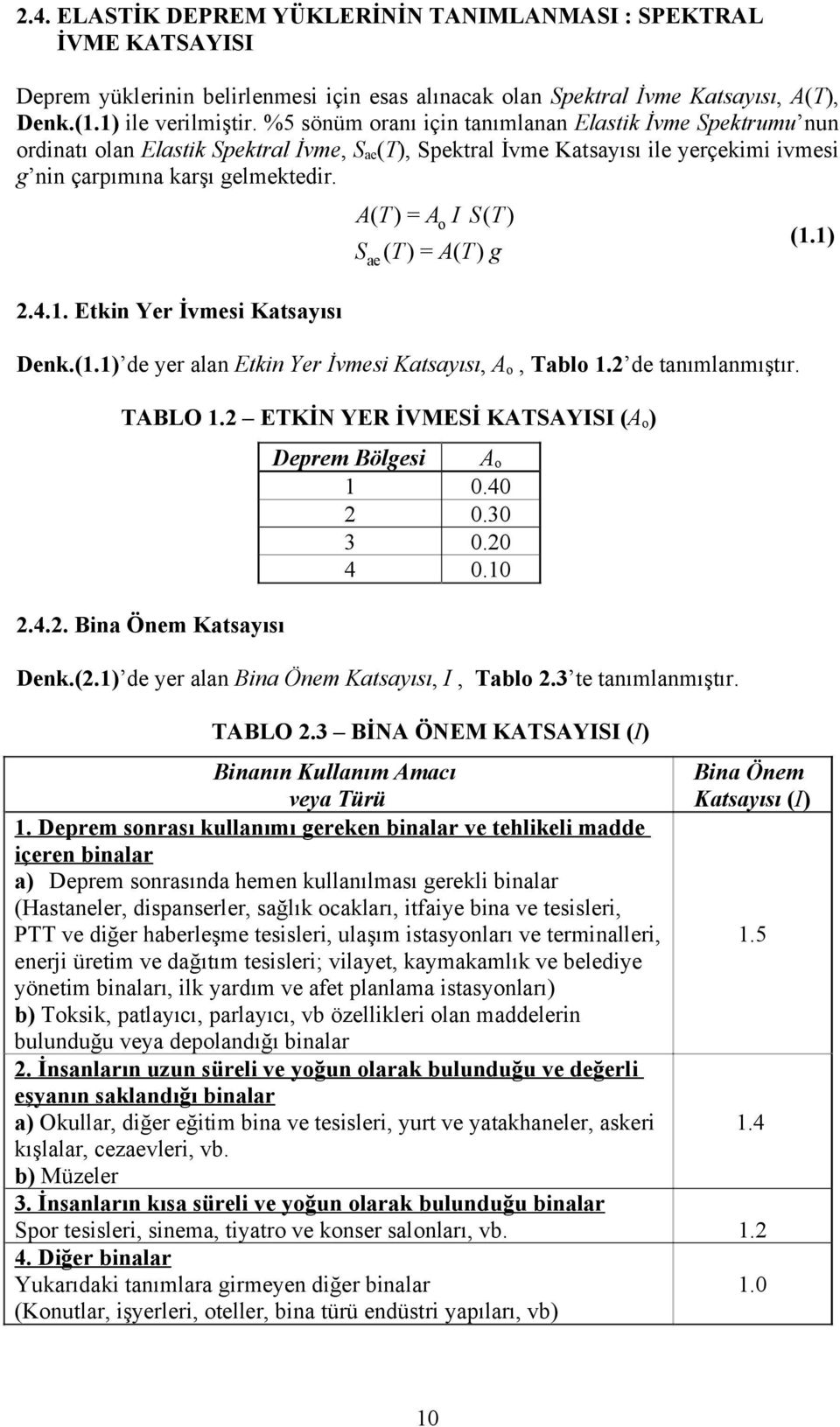 Etkin Yer İvmesi Katsayısı A( T ) = A I S( T ) ae o S ( T ) = A( T ) g Denk.(1.1) de yer alan Etkin Yer İvmesi Katsayısı, A o, Tablo 1.2 de tanımlanmıştır. TABLO 1.