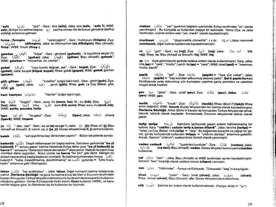 Garz.: fruhhsium (froşim); Ziya: (~_,).>) (difrofim); Jaba: ez difyrouchim (ez difiroşim); Blau (Amadi): flroj~; W&E: firosh (firof-). gewher (.}ı}) #küpeh - Garz.