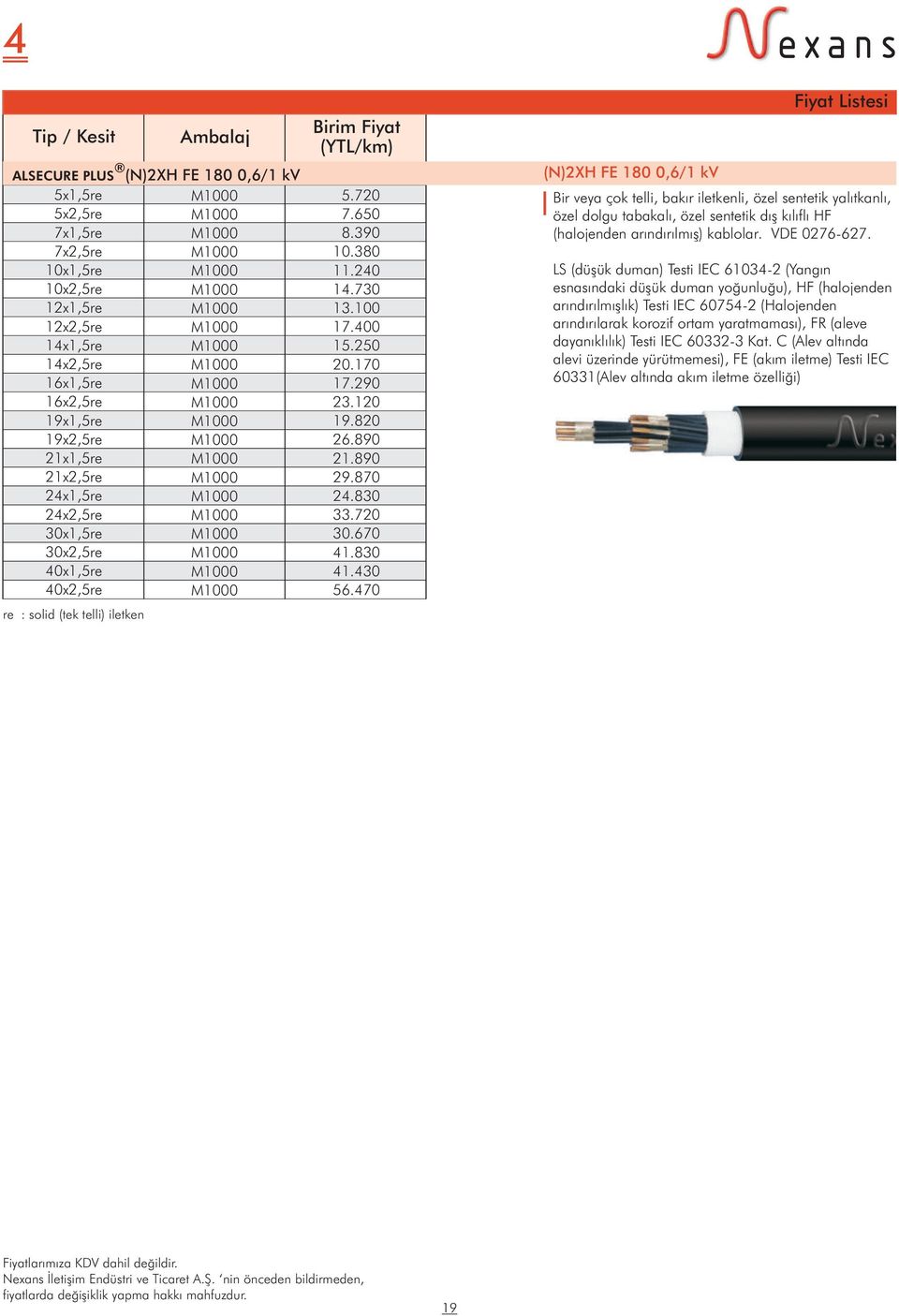 670 30x2,5re 41.830 40x1,5re 41.430 40x2,5re 56.470 Bir veya þok telli, bak²r iletkenli, zel sentetik yal²tkanl², zel dolgu tabakal², zel sentetik d² k²l²fl² HF (halojenden ar²nd²r²lm² ) kablolar.