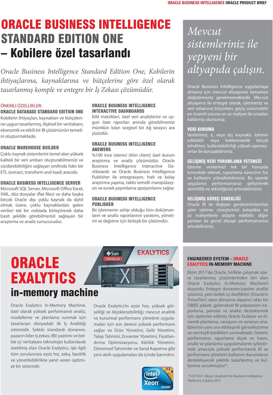 ÖNEMLİ ÖZELLİKLER: ORACLE DATABASE STANDARD EDITION ONE Kobilerin ihtiyaçları, kaynakları ve bütçelerine uygun tasarlanmış, ilişkisel bir veritabanı; ekonomik ve etkili bir BI çözümünün temelini