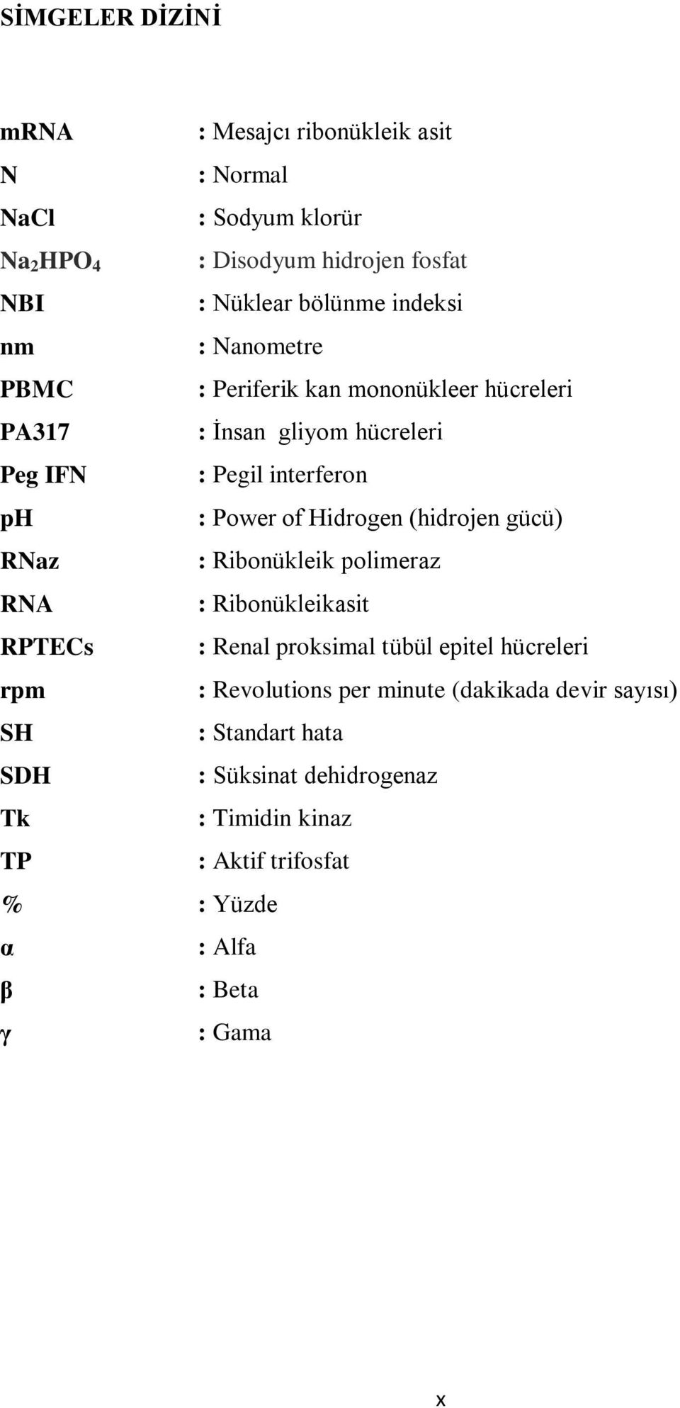 Hidrogen (hidrojen gücü) RNaz : Ribonükleik polimeraz RNA : Ribonükleikasit RPTECs : Renal proksimal tübül epitel hücreleri rpm : Revolutions