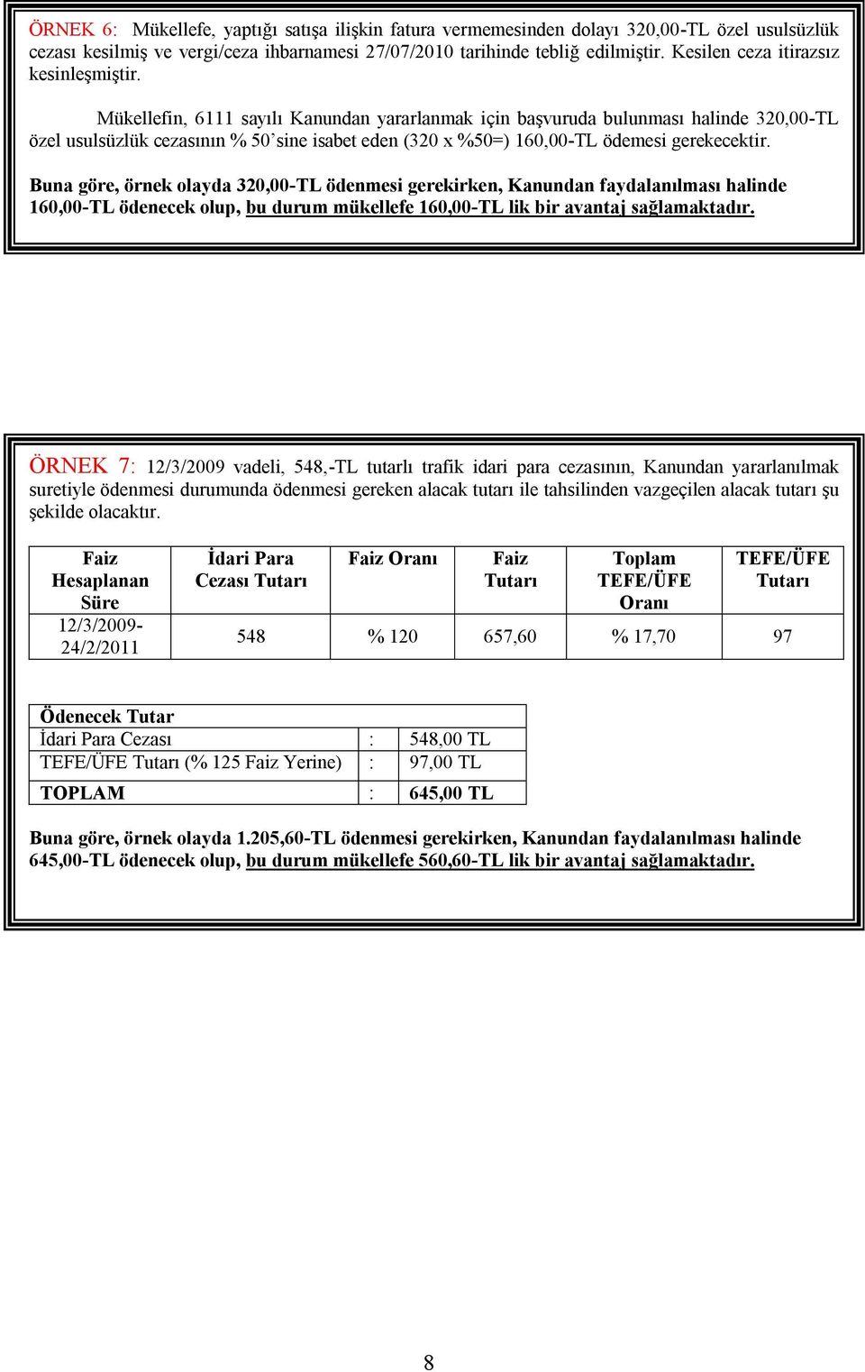 Mükellefin, 6111 sayılı Kanundan yararlanmak için başvuruda bulunması halinde 320,00-TL özel usulsüzlük cezasının % 50 sine isabet eden (320 x %50=) 160,00-TL ödemesi gerekecektir.