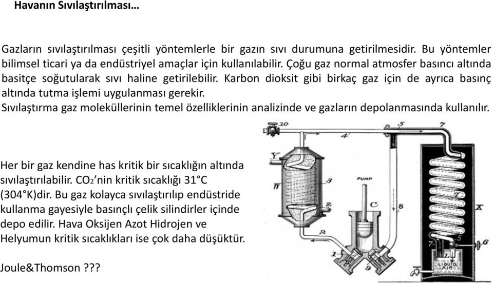 Sıvılaştırma gaz moleküllerinin temel özelliklerinin analizinde ve gazların depolanmasında kullanılır. Her bir gaz kendine has kritik bir sıcaklığın altında sıvılaştırılabilir.